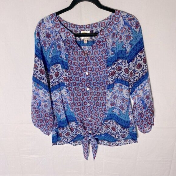 Fig And Flower Blue Red White Multi Print Boho tTie Front Semi Sheer Blouse M - Picture 1 of 15